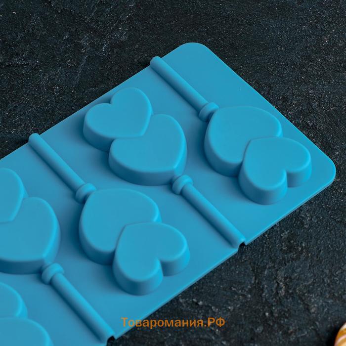 Форма для леденцов  «Влюблённость», силикон, 9.5×24×1 см, 6 ячеек (4.2×3.3 см), с палочками, МИКС