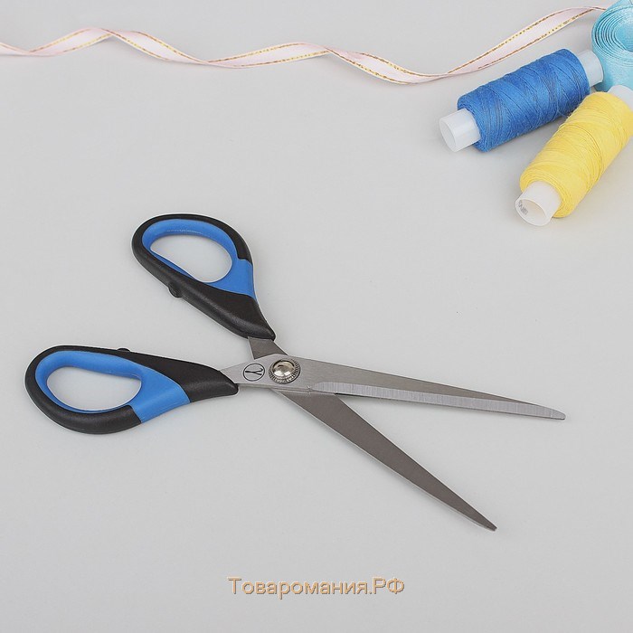 Ножницы универсальные, скошенное лезвие, термостойкие ручки, 7", 18 см, цвет чёрный/голубой