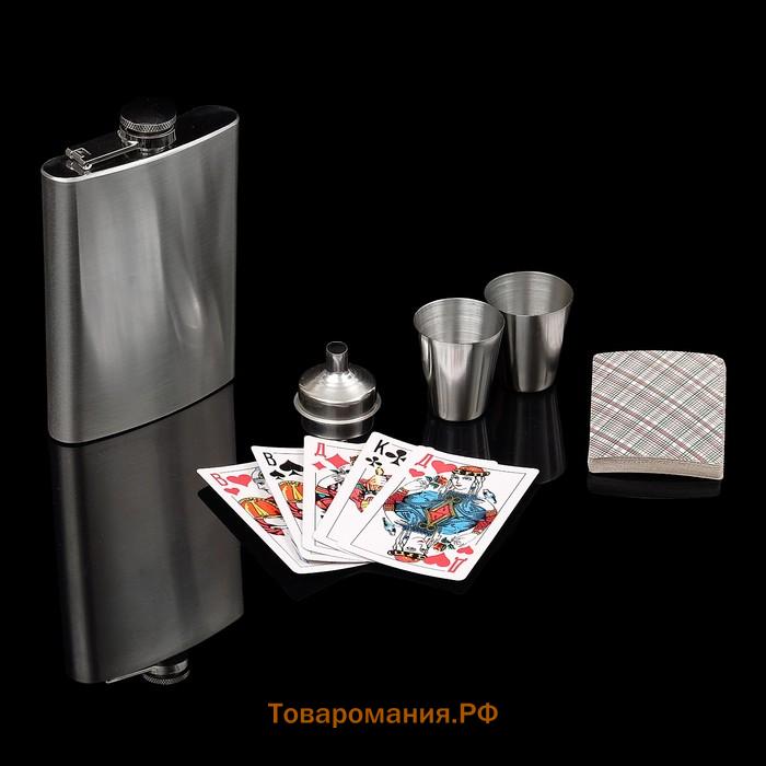 Подарочный набор 5 в 1, фляжка 240 мл, 2 рюмки, воронка, колода карт, металл