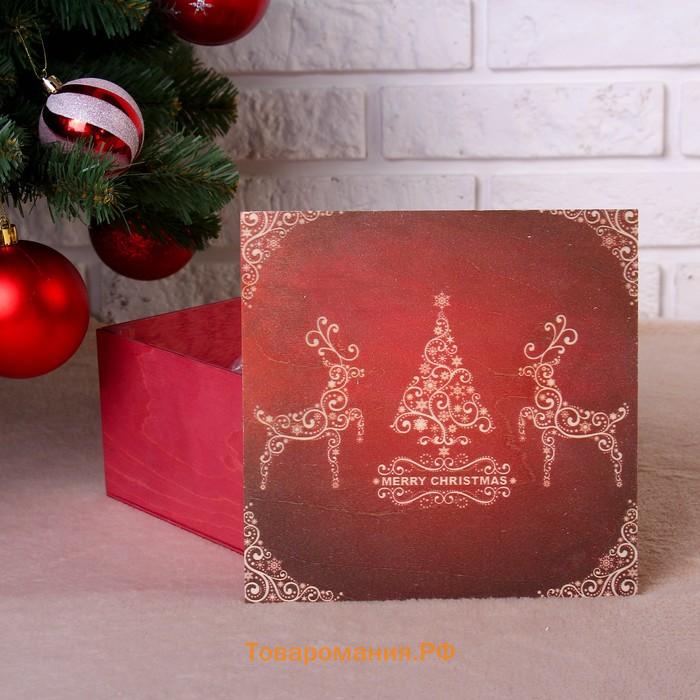 Новый год. Коробка подарочная "Merry Christmas, c оленями", бордовая, 20×20×10 см