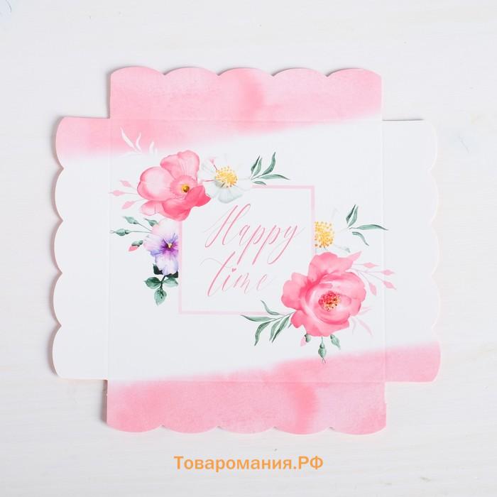 Коробка для печенья, кондитерская упаковка с PVC крышкой, Happy time, 15 х 15 х 3 см