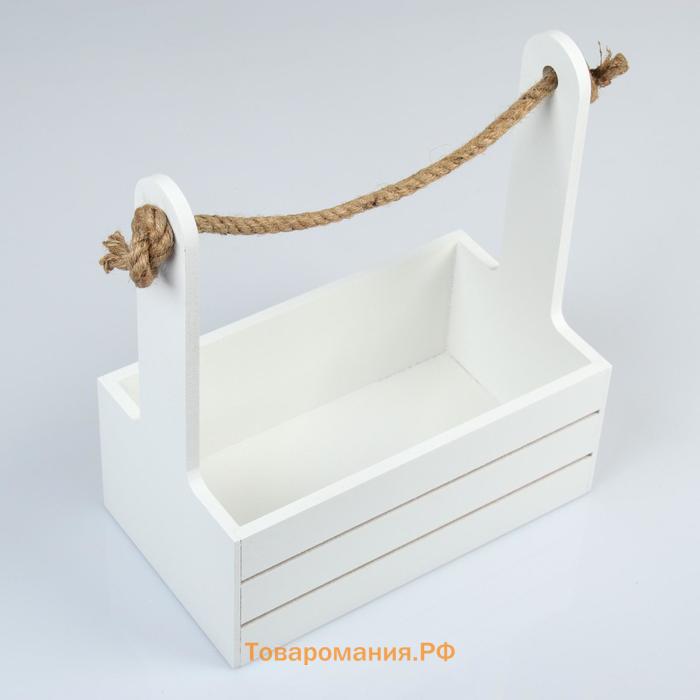 Кашпо для цветов «Аром», 30×15×25.5 см, деревянное, ручка - канат, белое
