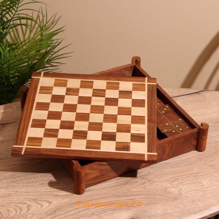 Игра настольная 3 в 1, шахматы, домино, кубики, доска 35×35 см, дерево шишам