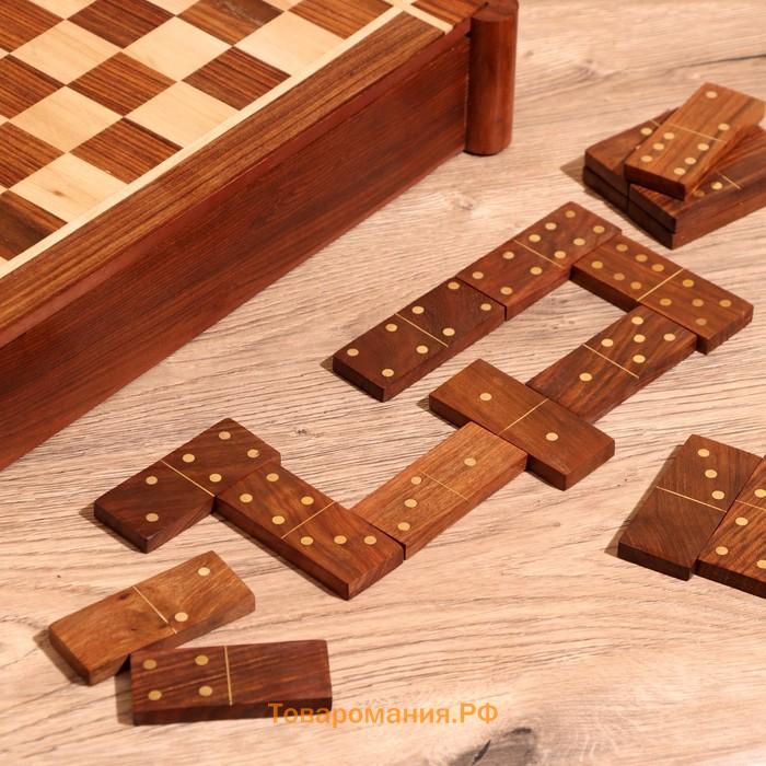 Игра настольная 3 в 1, шахматы, домино, кубики, доска 35×35 см, дерево шишам