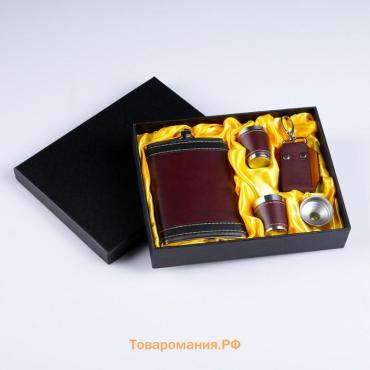 Подарочный набор 5 в 1 «Горький шоколад», 5×23×17 см, фляжка 270 мл, 2 рюмки, воронка, брелок, металл, экокожа