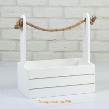 Кашпо для цветов «Аром», 30×15×25.5 см, деревянное, ручка - канат, белое