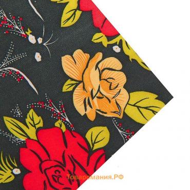 Ткань атлас красные цветы на черном, ширина 150 см