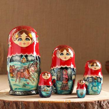 Матрёшка дерево «Тройка», красный платок, 5 кукольная, люкс